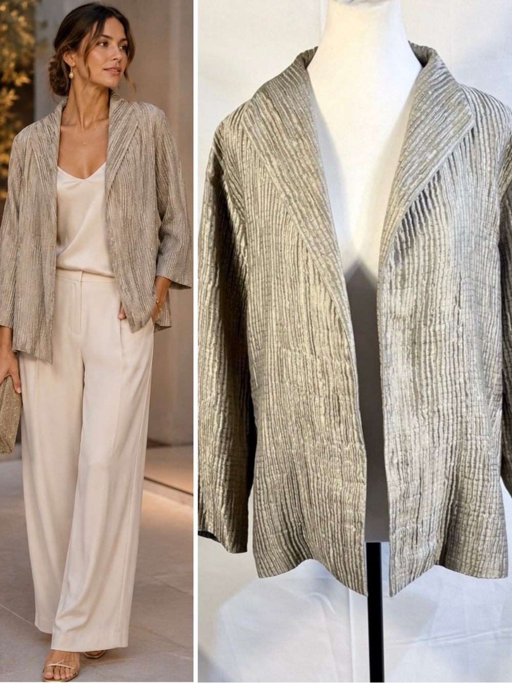 Eileen Fisher Silk Blend Crinkle Textured  Weave Open Front Jacket Pockets Sz L💛